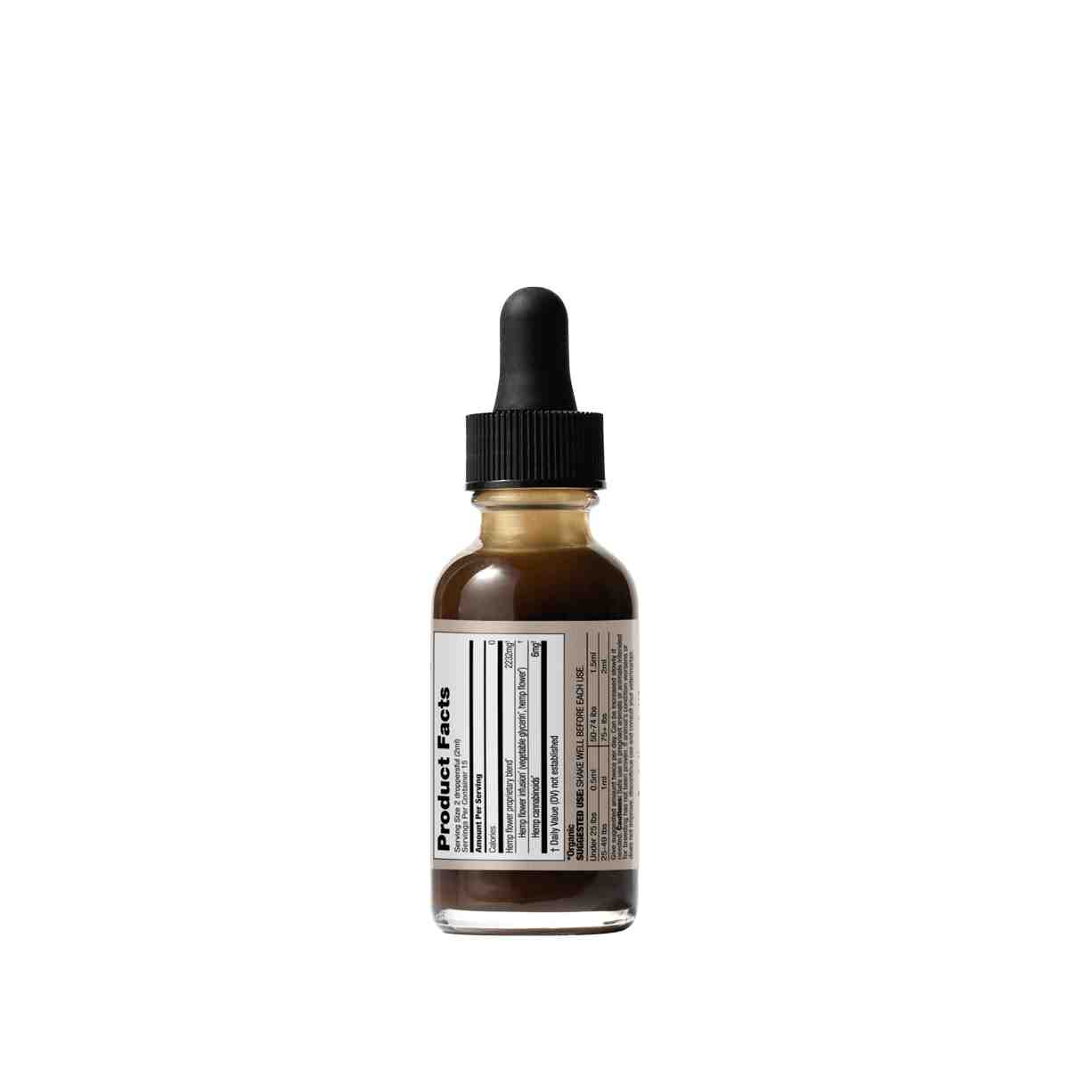Organic Hemp Flower CBD for PETS - 1oz dropper bottle, side label with product facts