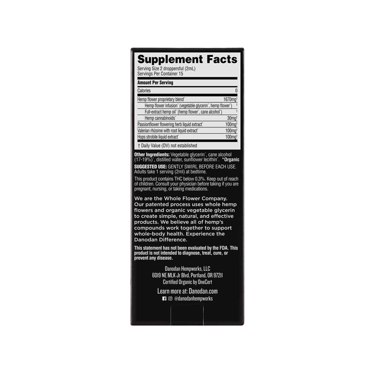 Supplement facts for Danodan's organic CBD tinctures for sleep. Full spectrum CBD oil for sleeping. buy full spectrum cbd.