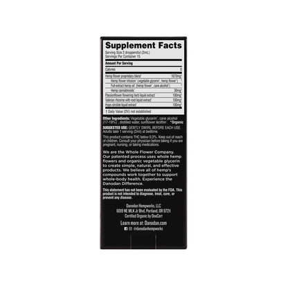 Supplement facts for Danodan's organic CBD tinctures for sleep. Full spectrum CBD oil for sleeping. buy full spectrum cbd.