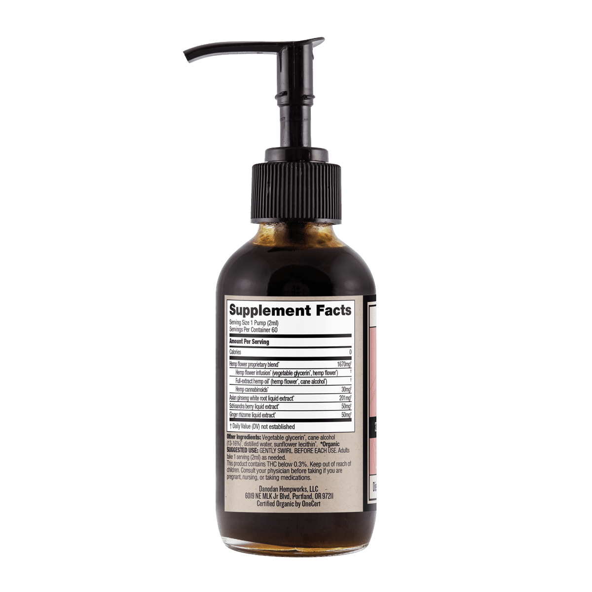 Energy CBD 4oz pump back side label. cbd pain relief & hemp oil for pain. pure organic hemp extract cbd oil. cbda vs cbd.