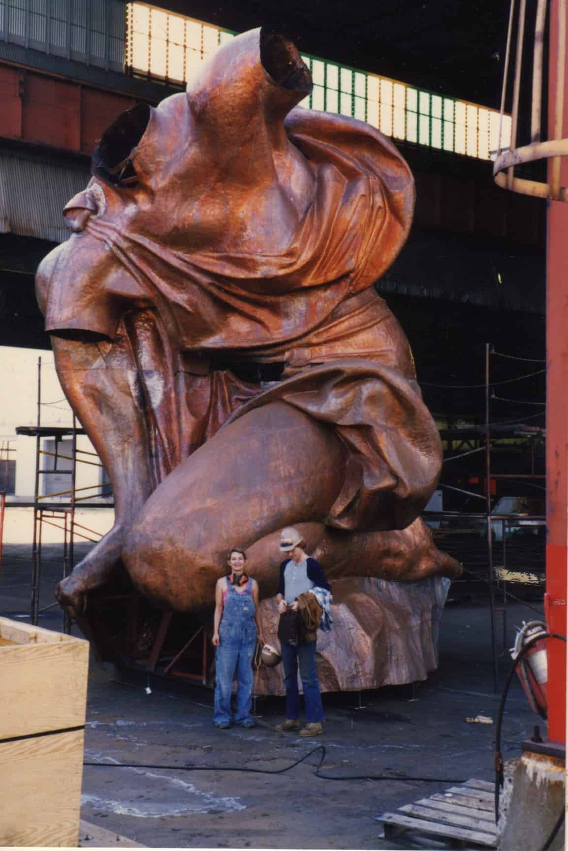 Jo Haemer, left, and Greg Pettingill in front of Ray Kaskey's Portlandia sculpture. Photo provided by Jo Haemer.